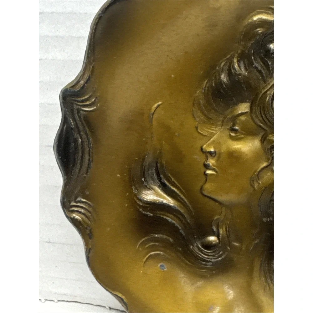 Vintage Art Nouveau Female Portrait Metal Trinket Jewelry Bronze Dish Tray 5